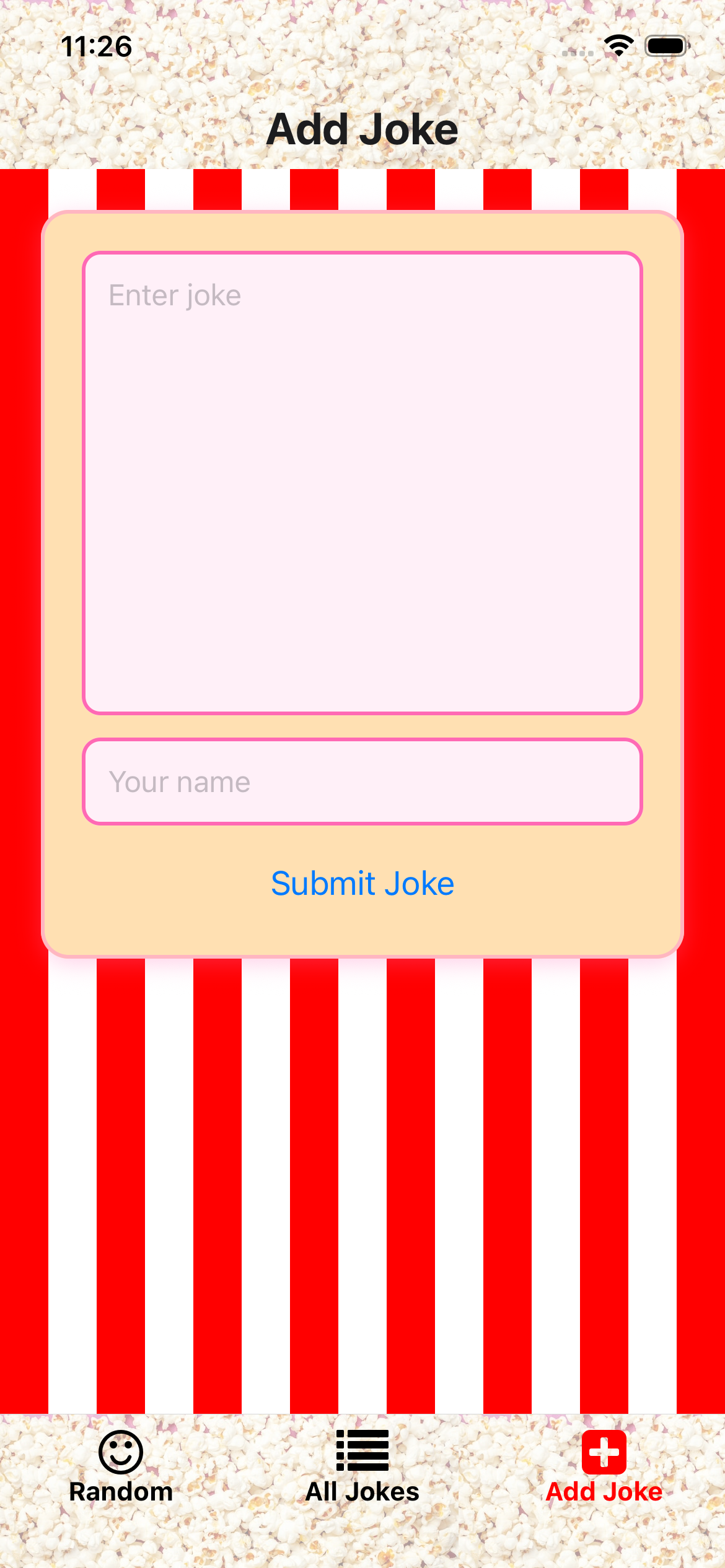 The add_joke screen on the React Native mobile app