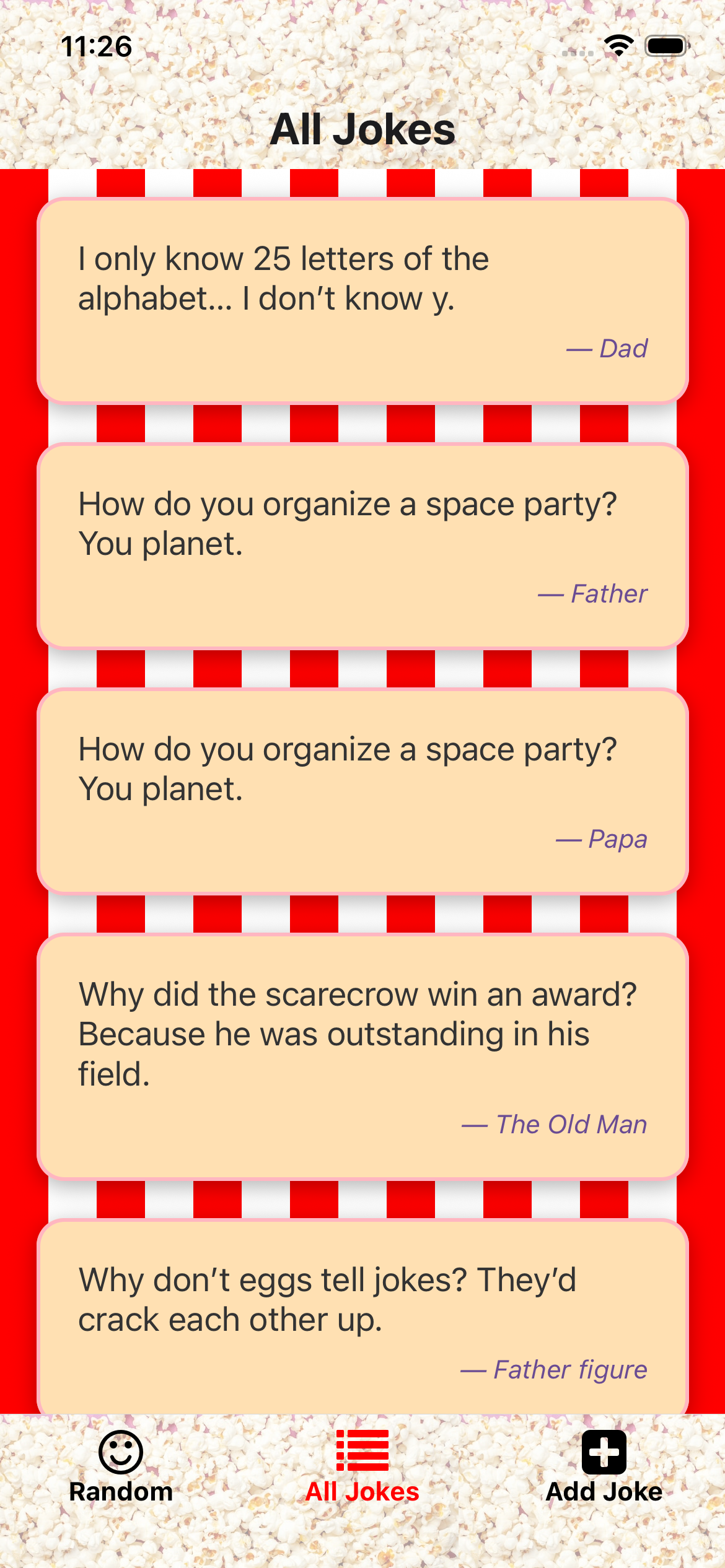 The joke_list screen on the React Native mobile app